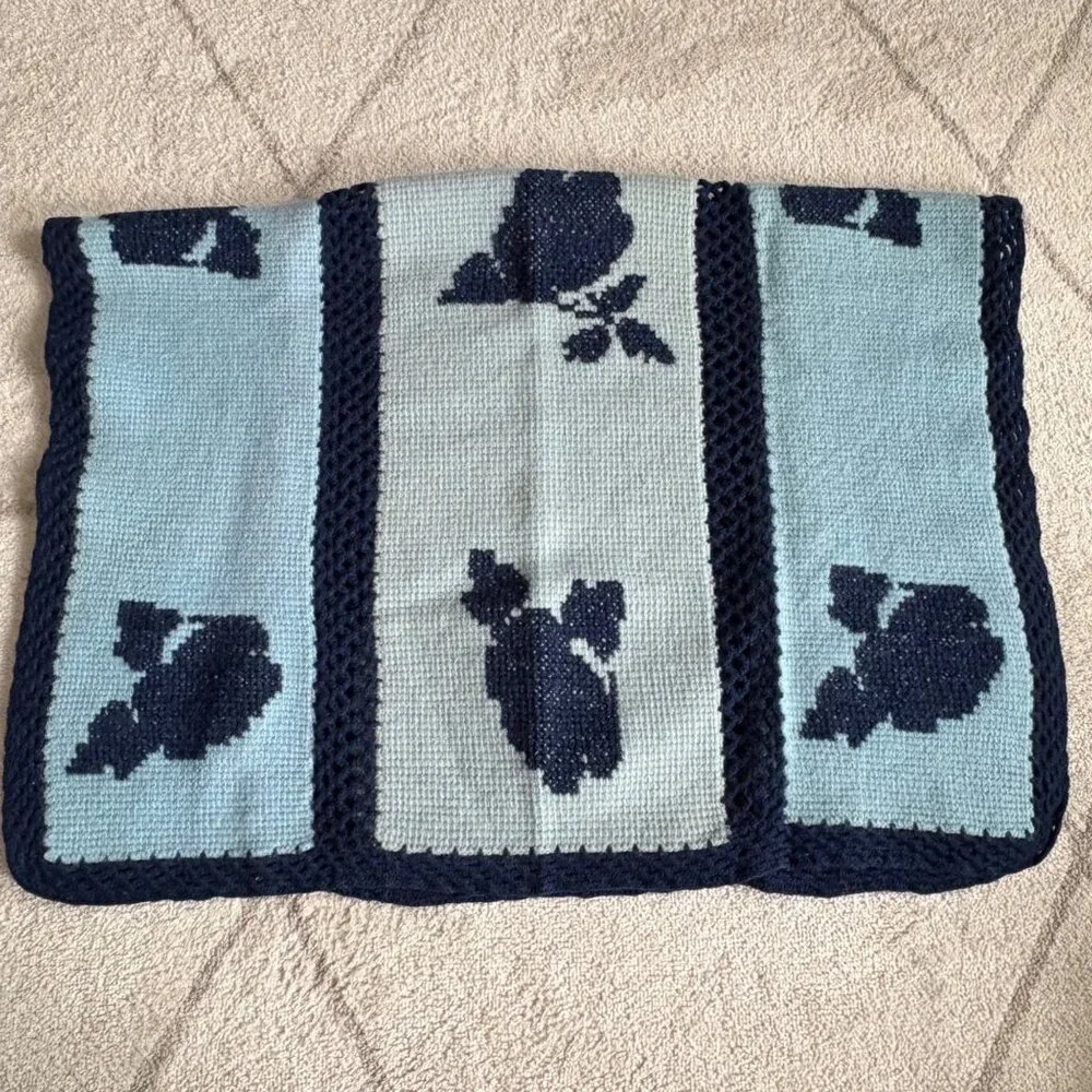 Vintage Handmade Knit Afghan Throw Blue Floral Panel Cottagecore Crochet Blanket